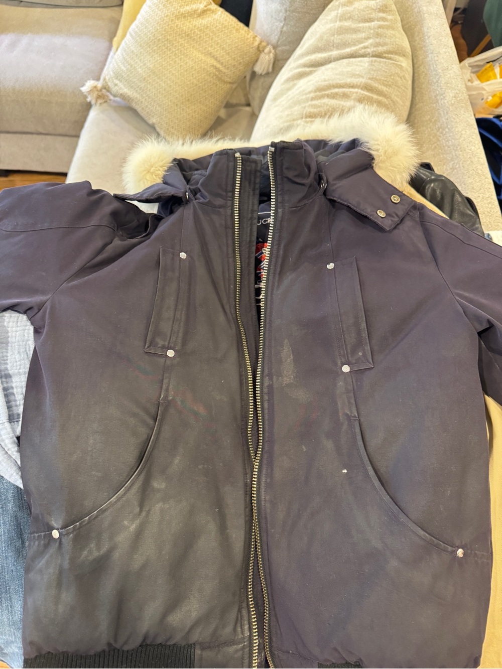 Moose Knuckles Navy Blue Kids Puffer with Fur-Trim Hood